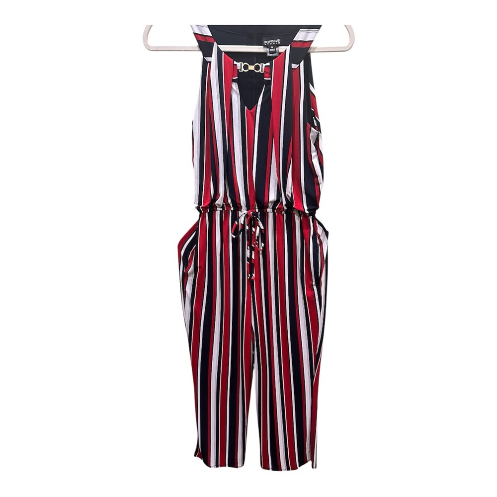 Enfocus Studio Womens Striped Jumpsuit in Red, Black, and White Size 6.